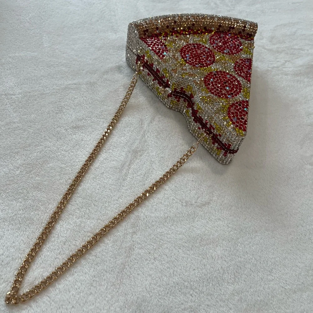 Embellished Pizza Slice Rhinestone Clutch in Red, Gold & Clear - Picture 16 of 16